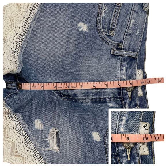 Free People Lace Trim Distressed Denim Shorts - Blue - 25 - Picture 3 of 10